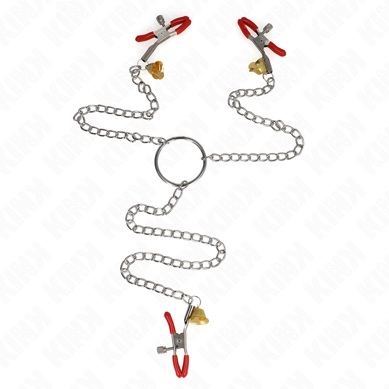 KINK - PINZAS PARA PEZONES Y CLĂTORIS ROJAS CON CASCABEL DORADO Y CADENA 30 CM